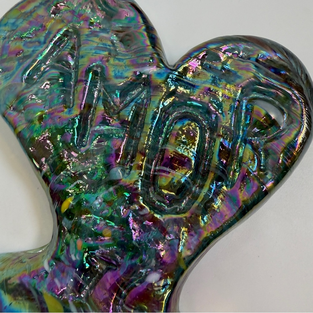 AMOR Handmade Sculpted Art Glass Iridescent Oilslick Rainbow Heart Amor